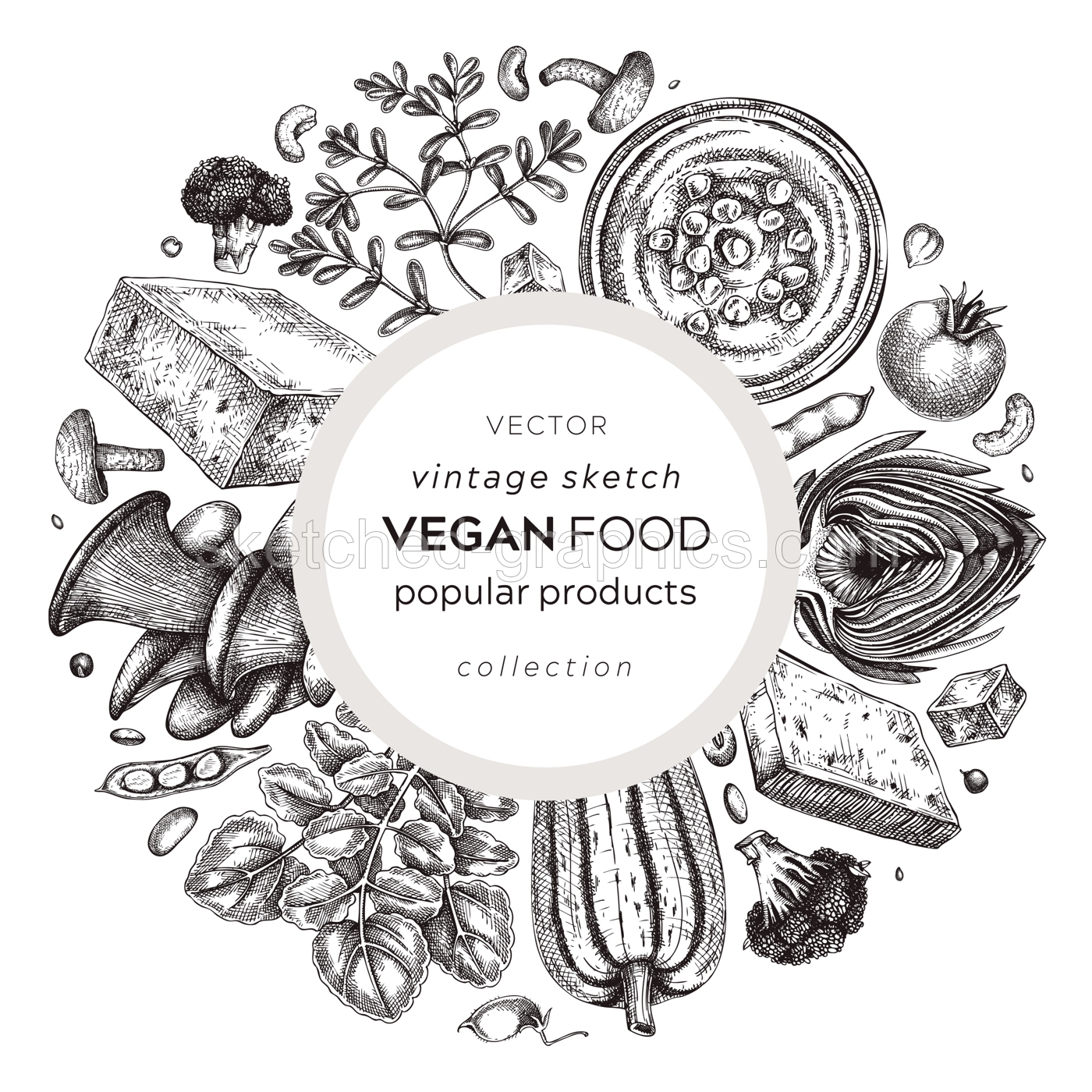 Vegan food sketched wreath. Healthy food banner template. Middle eastern cuisine card. Hand-drawn vegan meals and ingredients for menu, recipe, and packaging design. Vegan food sketches in color Illustration